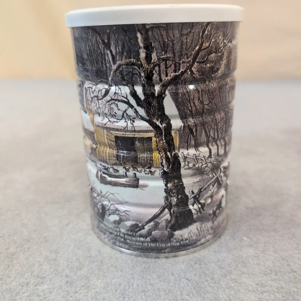 Currier & Ives American Homestead Winter Vintage Metal Tin Canister with Lid - Picture 3 of 8